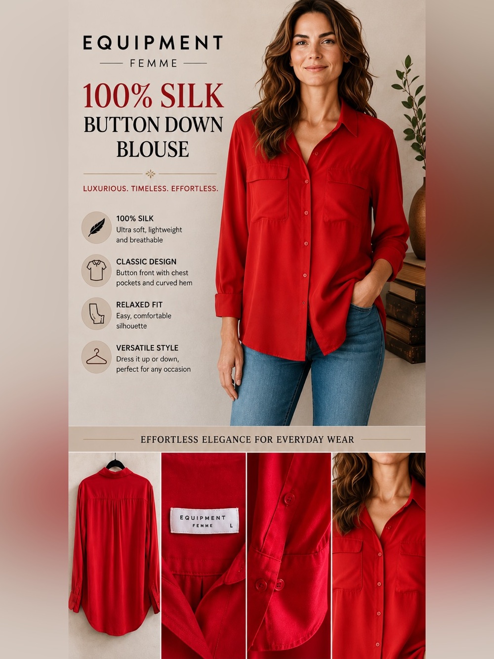 Equipment Femme Red 100% Silk Button Down Blouse Shirt Size L